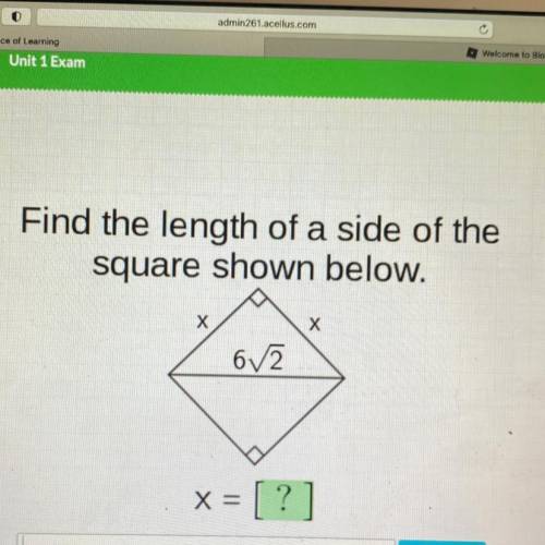 Find the length of a side of the
square shown below.
х
6V2
X =
x = [?]