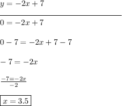 y = -2x + 7\\\rule{150}{0.5}\\0 = -2x + 7\\\\0 - 7 = -2x + 7 - 7\\\\-7 = -2x\\\\\frac{-7=-2x}{-2}\\\\\boxed{x = 3.5}