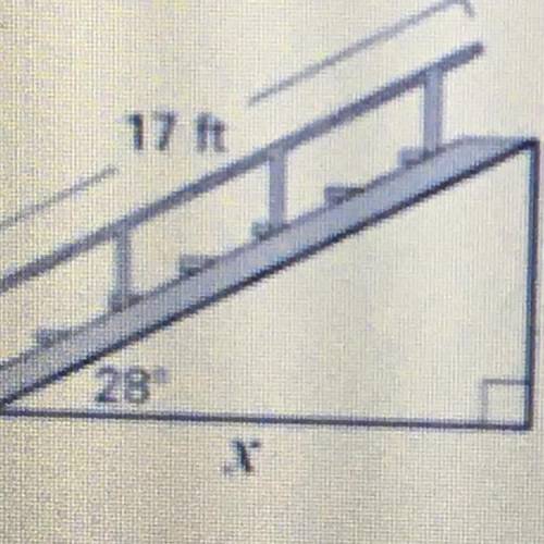 A staircase has an angle of elevation of 28° anı

covers a total distance of 17 feet. What is the