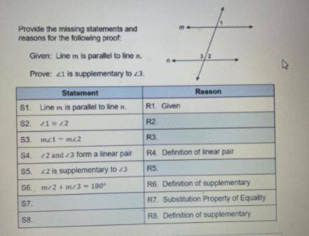 Provide the missing statements and reasons for the following proof:

Given: Line m is parallel to l