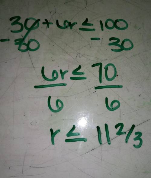 I NEED THE ANSWER FOR THIS INEQUALITY ASAP 30+6r ≤ 100