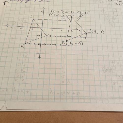 Triangle JKL has vertices J(-2,2), K(-3,-4) and L(1,-2). Write the coordinate notation for a transla