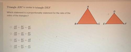 Triangle ABC is similar to triangle DEF.

Which statement is a proportionality statement for the r
