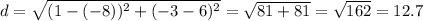d = \sqrt{(1-(-8))^2+(-3-6)^2}=\sqrt{81+81} =\sqrt{162} =12.7
