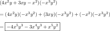(4x^2y+3xy-x^2)(-x^3y^2)\\\\=(4x^2y)(-x^3y^2)+(3xy)(-x^3y^2)+(-x^2)(-x^3y^2)\\\\=\boxed{-4x^5y^3-3x^4y^3+x^5y^2}