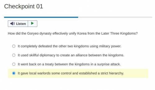 PLeASE HELP How did the Goryeo dynasty effectively unify Korea from the Later Three Kingdoms?