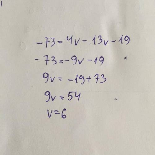 Solve for v.
-73=4v-13v-19