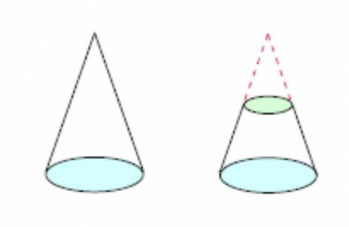 The cone on the left has a volume of 8cm^3. Shown on the right is the same cone, except the top hal