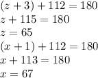 (z+3)+112=180\\z+115=180\\z=65\\(x+1)+112=180\\x+113=180\\x=67