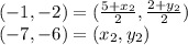 (-1, -2)=(\frac{5+x_{2}  }{2},  \frac{2+y_{2} }{2} )\\(-7, -6)=(x_{2} , y_2)