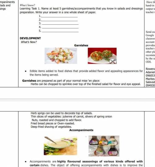 What I know? Learning Task 1. Name at least 5 garnishes/accompaniments that you know in salads and