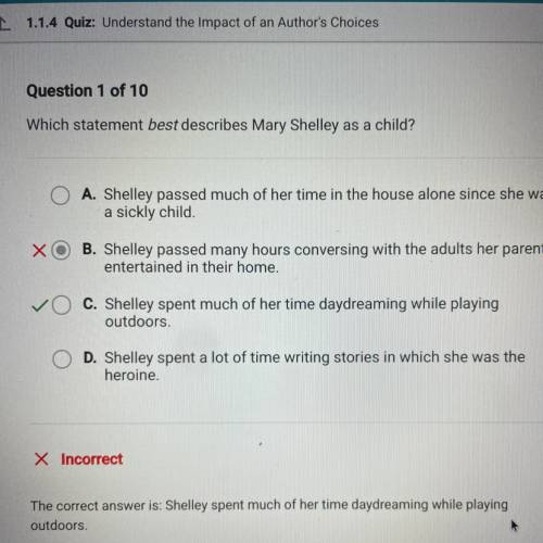 Which statement best describes Mary Shelley as a child?

O A. Shelley passed much of her time in t