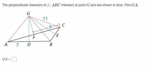 The perpendicular bisectors of Triangle ABC intersect at point G and are shown in blue. Find GA.
