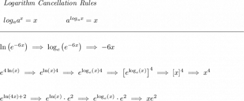\begin{array}{llll} \textit{Logarithm Cancellation Rules} \\\\ log_a a^x = x\qquad \qquad a^{log_a x}=x \end{array} \\\\[-0.35em] \rule{34em}{0.25pt}\\\\ \ln\left( e^{-6x} \right)\implies \log_e\left( e^{-6x} \right)\implies -6x \\\\\\ e^{4\ln(x)}\implies e^{\ln(x)4}\implies e^{\log_e(x)4}\implies \left[ e^{\log_e(x)} \right]^4\implies [x]^4\implies x^4 \\\\\\ e^{\ln(4x)+2}\implies e^{\ln(x)}\cdot e^2\implies e^{\log_e(x)}\cdot e^2\implies xe^2