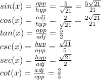 sin(x)=\frac{opp}{hyp}=\frac{5}{\sqrt{21}}=\frac{5\sqrt{21}}{21}\\cos(x)=\frac{adj}{hyp}=\frac{2}{\sqrt{21}}=\frac{2\sqrt{21}}{21}\\tan(x)=\frac{opp}{adj}=\frac{5}{2}\\csc(x)=\frac{hyp}{opp}=\frac{\sqrt{21}}{5}\\sec(x)=\frac{hyp}{adj}=\frac{\sqrt{21}}{2}\\cot(x)=\frac{adj}{opp}=\frac{2}{5}