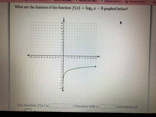 What are the features of the function f(x) = log3 x – 6 graphed below?