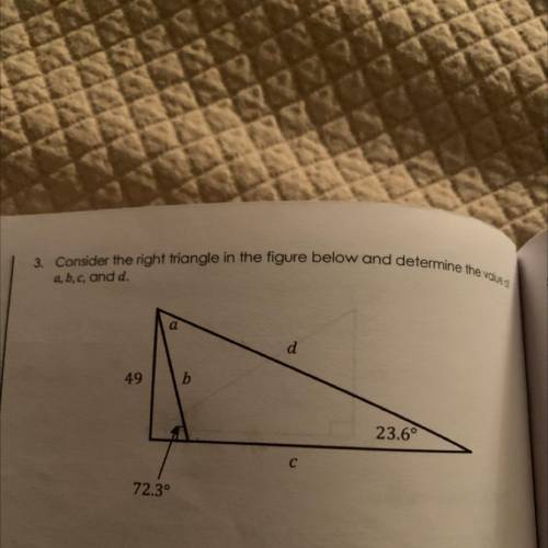 Consider the right triangle in the figure below and determine the value of
a, b, c, and d.