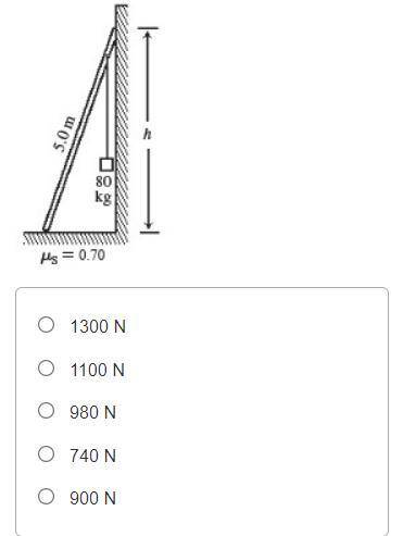 A 40-kg uniform ladder that is 5.0 m long is placed against a smooth wall at a height of h = 4.0 m,