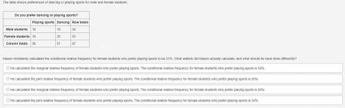 The table shows preferences of dancing or playing sports for male and female students:

Do you pre
