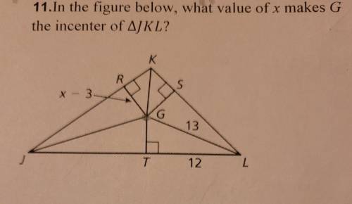 In the figure below, what value of x makes G the incenter of JKL?