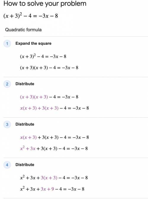 Solve the following algebraically (x+3)^2-4=-3x-8