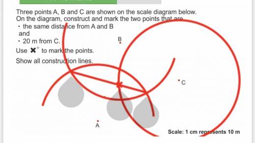 Three points A, B and C are shown on the scale diagram below.

On the diagram, construct and mark