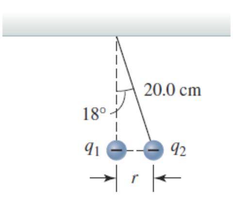 The figure below shows two identical small, charged spheres. One of mass 3.7 g is hanging by an ins