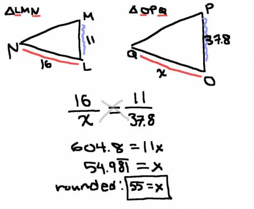 Triangle LMN is similar to triangle OPQ. Find the measure of side QO. Round your

answer to the nea