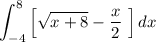 \displaystyle \int_{-4}^{8}\left[\sqrt{x+8} - \frac{x}{2} \ \right]dx