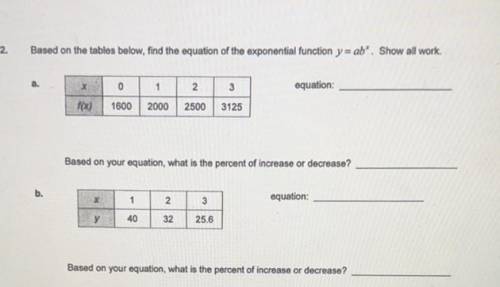 Based on the tables below, find the equation of the exponential function y= ab'. Show all work.
