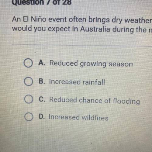 An El Niño event often brings dry weather to Australia. What kind of weather

would you expect in