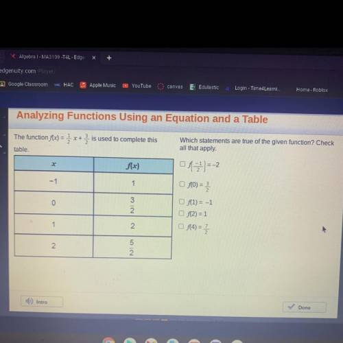 Which statements are true of the given function? Check

all that apply.
12)=-2
AO) =
=
Of(1) = -1