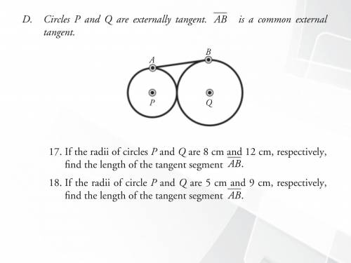 1. If the radii of circles P and Q are 8 cm and 12 cm, respectively, AB. find the length of the tan