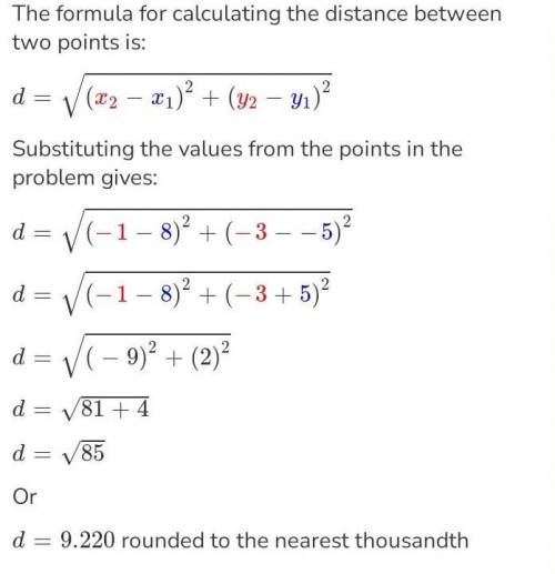 What is the distance between (8,5) and (-1,3)