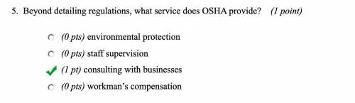 Beyond detailing regulations, what service does OSHA provide?

environmental protection
staff super