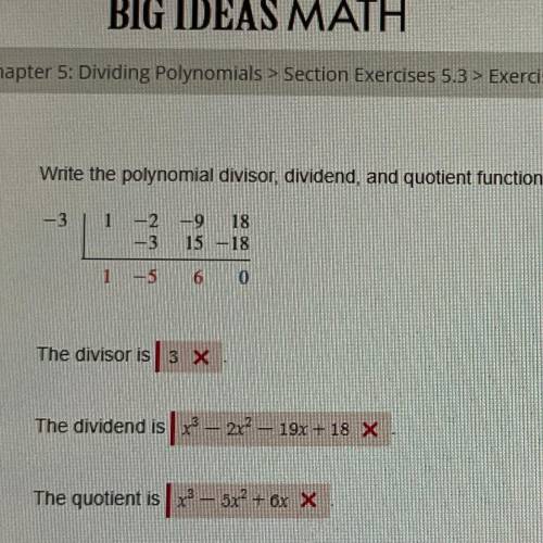 Write the polynomial divisor, dividend, and quotient functions represented by the synthetic divisio