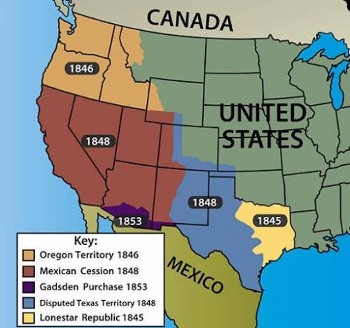 Describe how America gained the territories shown in the map. Be sure to include dates and details
