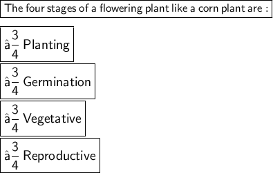 \boxed{ \sf{The \:  four \:  stages  \: of \:  a \:  flowering  \: plant  \: like \:  a \:  corn \:  plant  \: are:}} \\  \\  \large\boxed{ \sf{➾ \: Planting}} \\  \\ \large \boxed{ \sf{➾ \: Germination}} \\  \\ \large \boxed{ \sf{➾ \: Vegetative}}\\\\\large \boxed{ \sf{➾ \: Reproductive}}