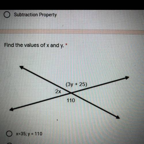 Find the values of x and y. 
x=35; y = 110
x=40; y = 40
x=110; y = 40
x=35; y = 40