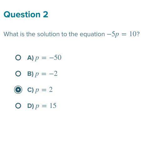 What is the solution to the equation −5p=10 ?
