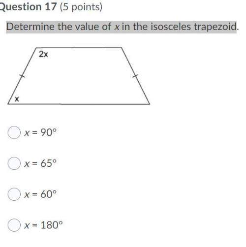 Determine the value of x in the isosceles trapezoid