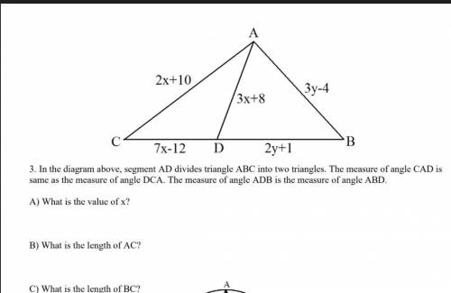In the diagram above, segment AD divides triangle ABC into two triangles. The measure of angle CAD