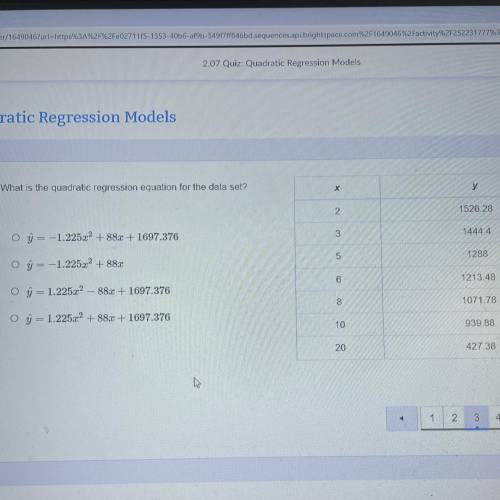 What is the quadratic regression equation for the data set