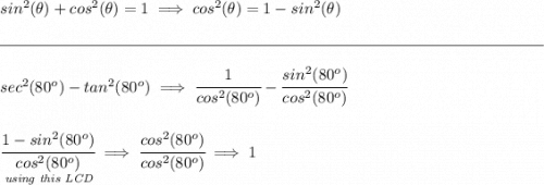 sin^2(\theta)+cos^2(\theta)=1\implies cos^2(\theta)=1-sin^2(\theta) \\\\[-0.35em] \rule{34em}{0.25pt}\\\\ sec^2(80^o)-tan^2(80^o)\implies \cfrac{1}{cos^2(80^o)}-\cfrac{sin^2(80^o)}{cos^2(80^o)} \\\\\\ \cfrac{1-sin^2(80^o)}{\underset{\textit{using this LCD}}{cos^2(80^o)}}\implies \cfrac{cos^2(80^o)}{cos^2(80^o)}\implies 1