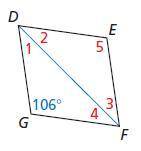 Find the measures of the numbered angles in rhombus DEFG

measure of angle 1=
measure of angle 2=