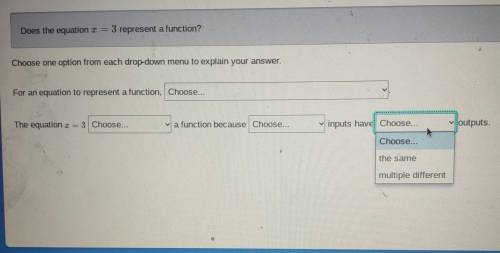 Does the equation I = 3 represent a function? Choose one option from each drop-down menu to explain