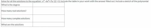 Solve for all the solutions to the equation: x3 -4x2+7x-12 = 0. Include the table in your work with
