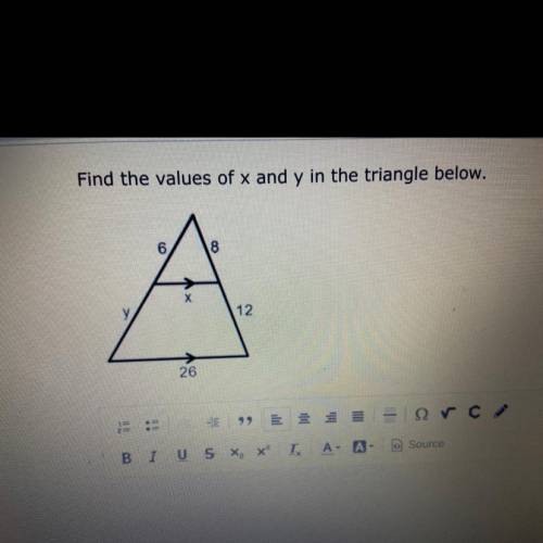 Find the values of x and y in the triangle below.
(Please hurry)