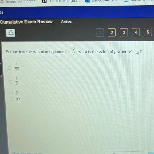 8

For the inverse variation equation =ū, what is the value of p when V= ?
1
O 32
-
1
2
O 2
32