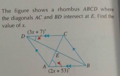 The figure shows a rhombus ABCD where the diagonals AC and BD intersect at E. Find the value of x.